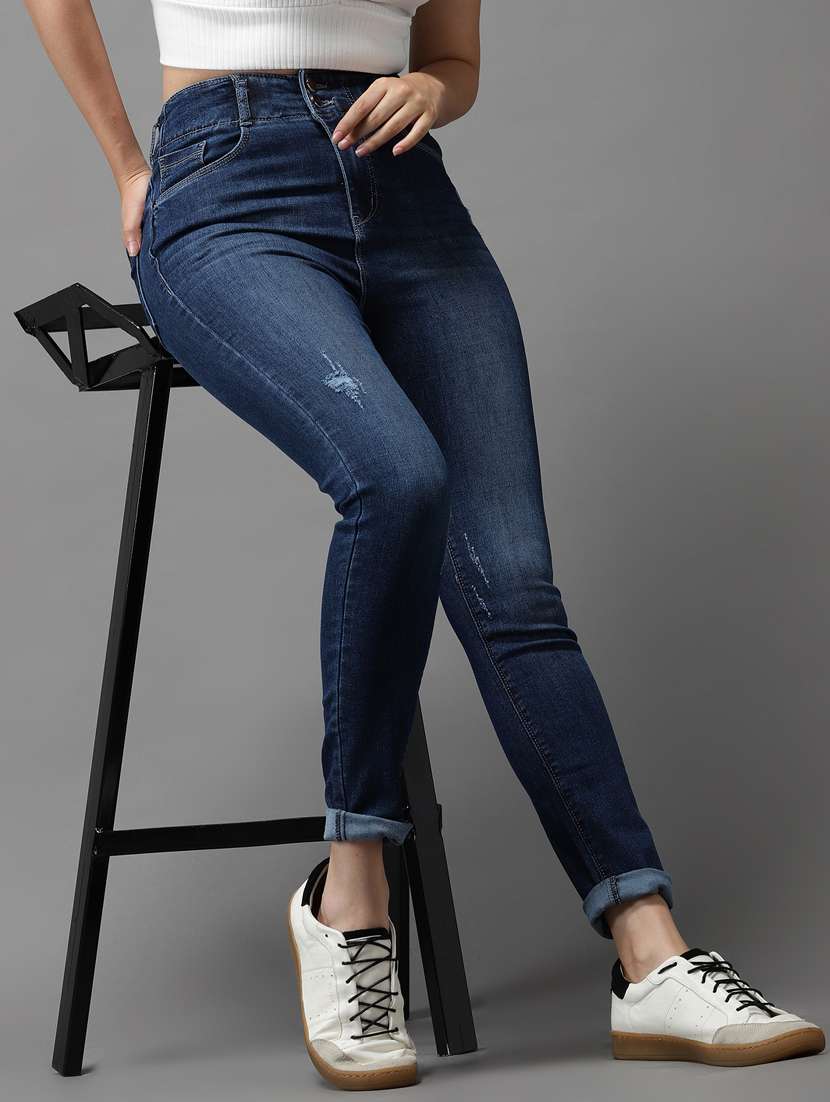 solid distressed high rise denim jeans - 18531099 -  Standard Image - 2