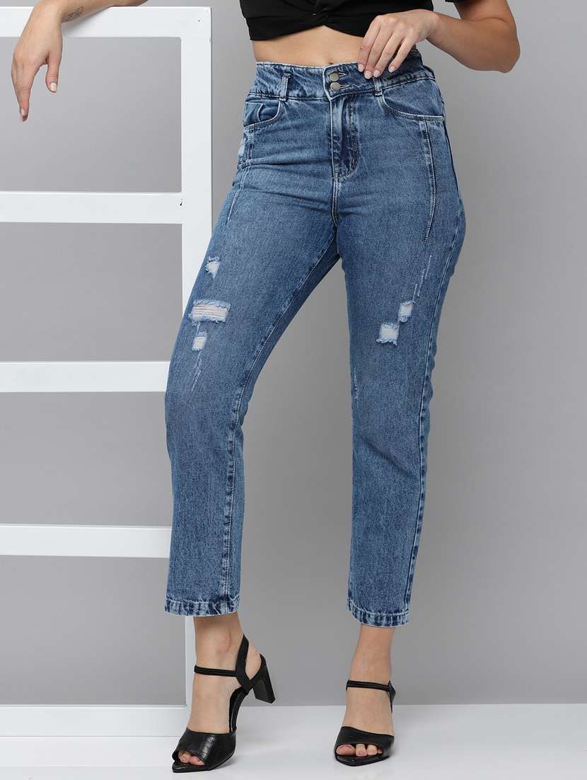 solid distressed high rise denim jeans - 18531101 -  Standard Image - 2