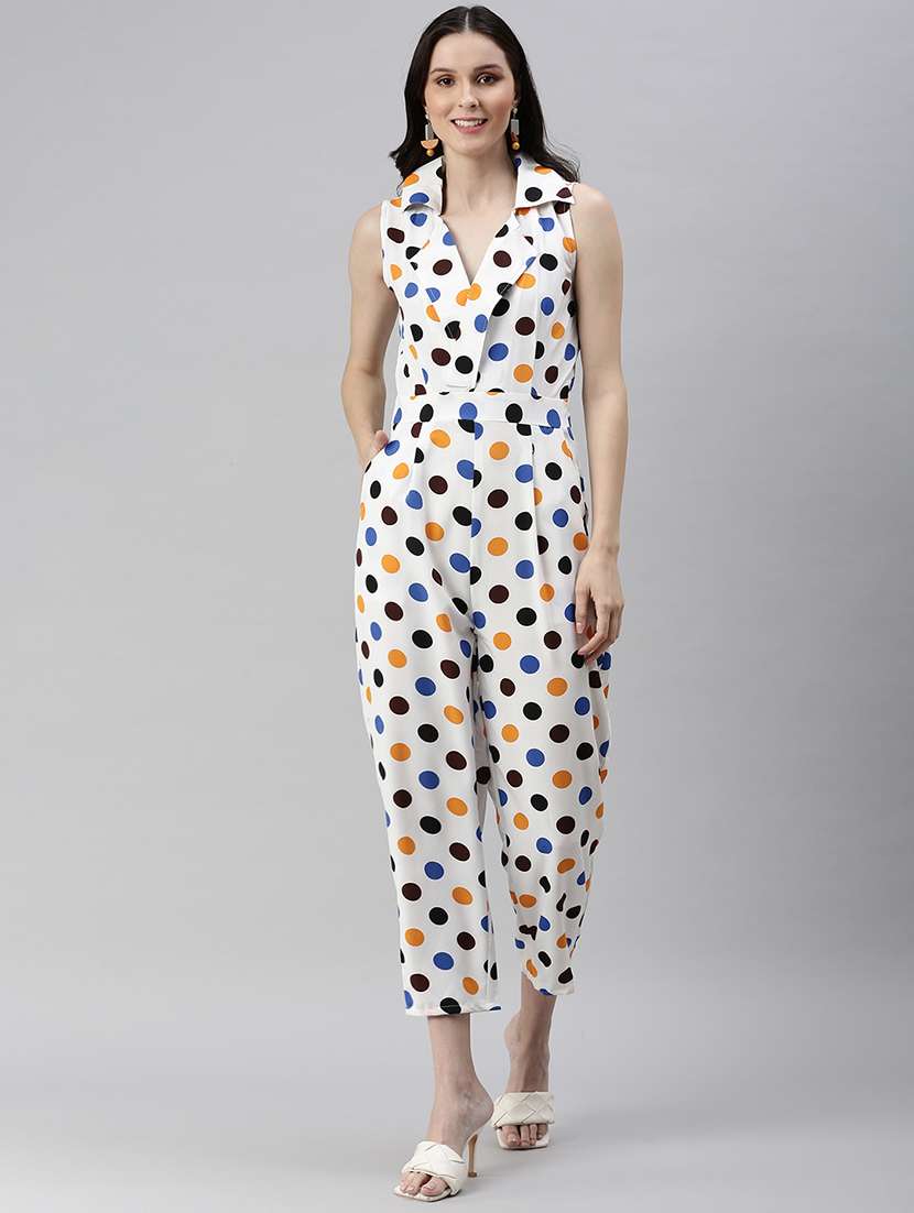lapel neck polka dot full leg  jumpsuit