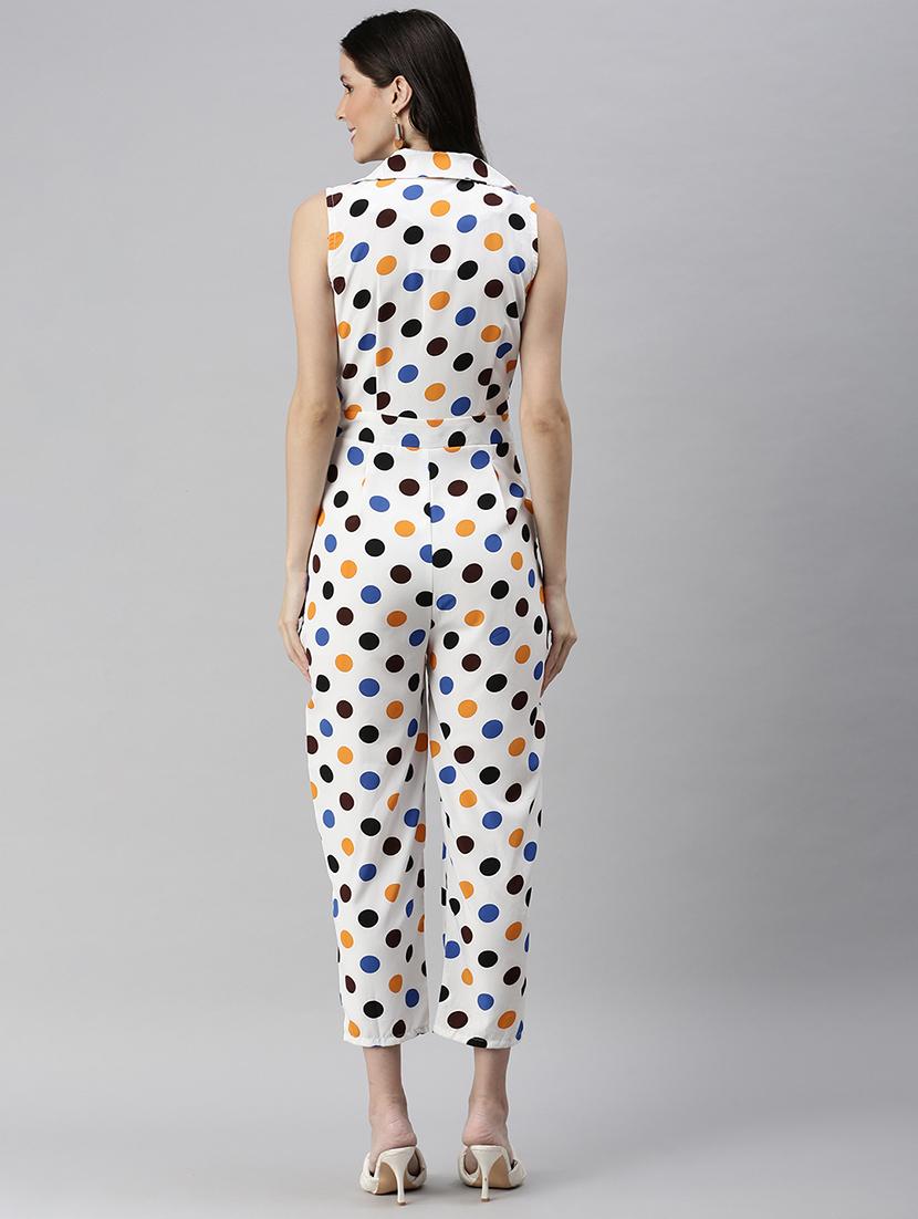 lapel neck polka dot full leg jumpsuit - 18531263 - Standard Image - 2