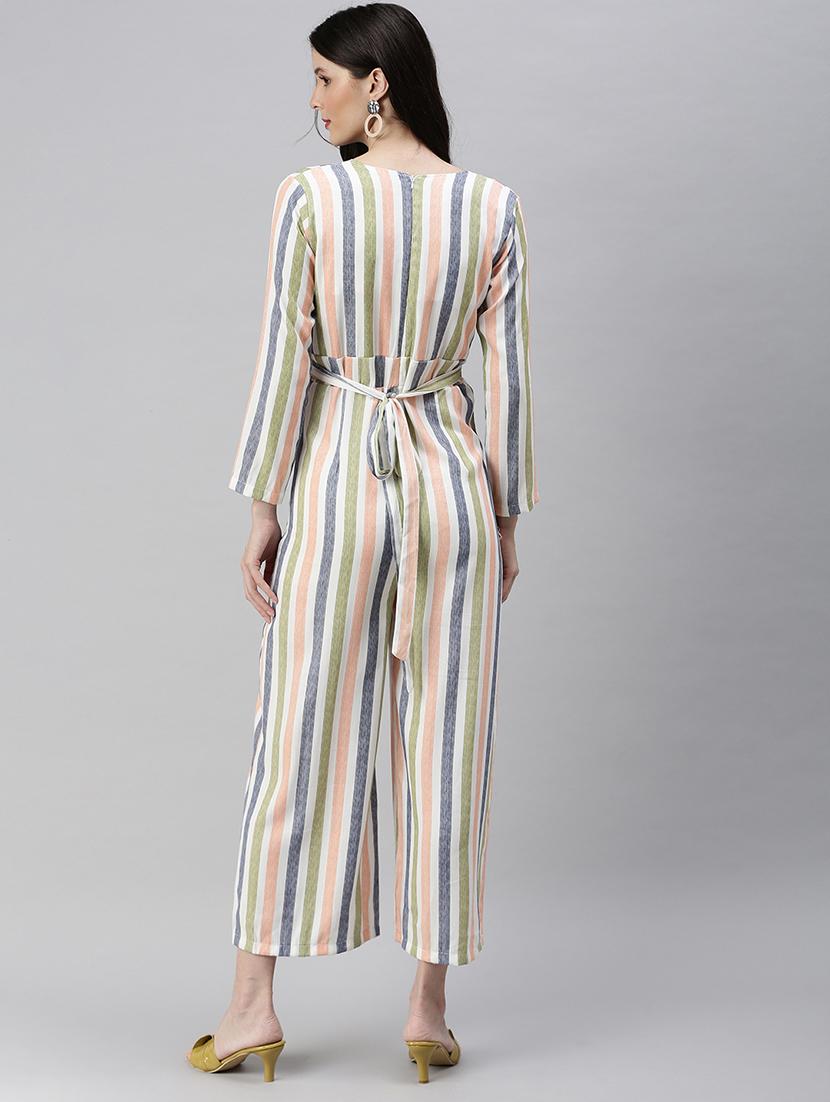 tie back striped full leg jumpsuit - 18531265 - Standard Image - 2