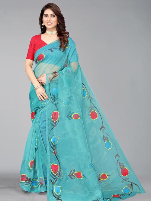 women's printed turquoise colored saree with blouse - 18531696 - Standard Image - 0