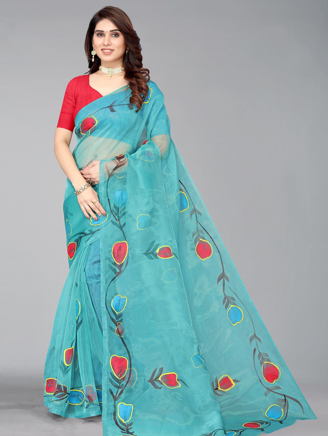 women's printed turquoise colored saree with blouse - 18531696 - Zoom Image - 0