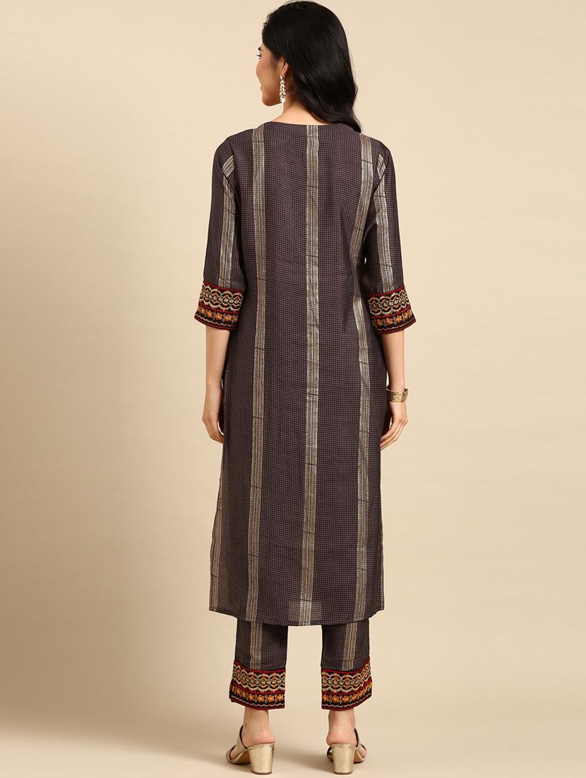 women checks round neck kurta pant set - 18532042 - Standard Image - 2