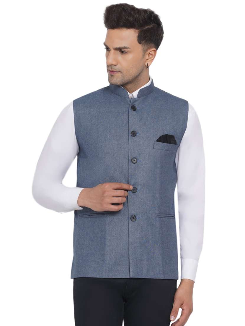 blue solid nehru jacket - 18532891 -  Zoom Image - 0
