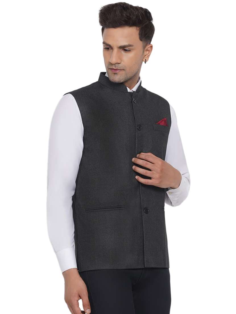 grey solid nehru jacket - 18532894 -  Standard Image - 2