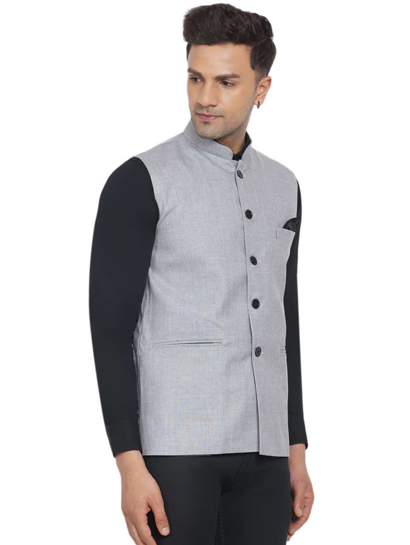 silver solid nehru jacket - 18532896 - Standard Image - 2