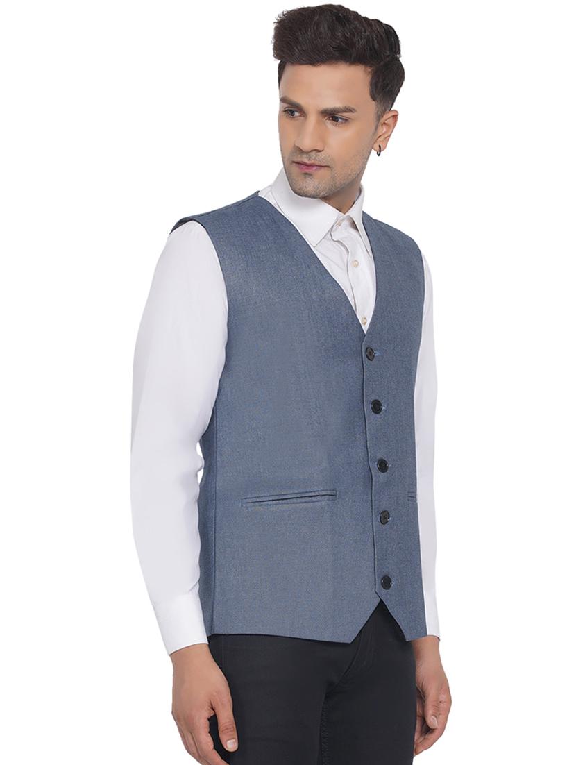 men blue solid v neck waist coat - 18532898 - Standard Image - 2