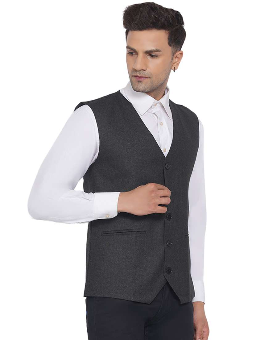 grey solid nehru jacket - 18532900 -  Standard Image - 2