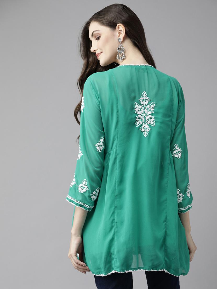 ada hand-embroidered sea green georgette a-line kurti with chikankari work - 18533902 - Standard Image - 2