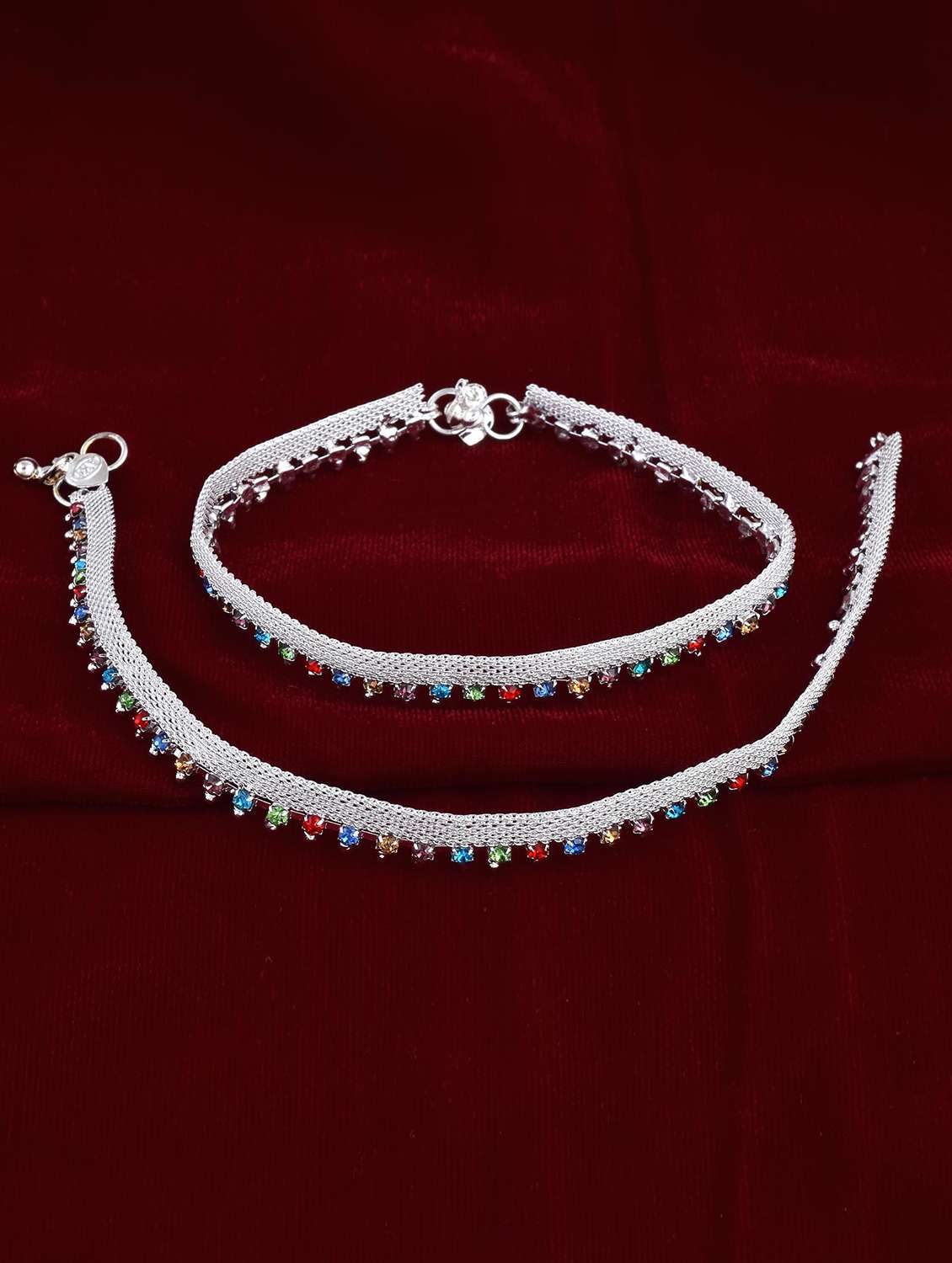 silver plated multi color stoned anklet 