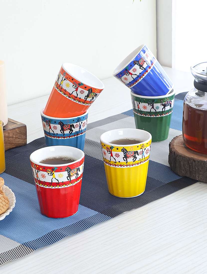 cdi blue & orange set of 6 ethnic motifs printed ceramic glossy kulladhs cups and mugs
