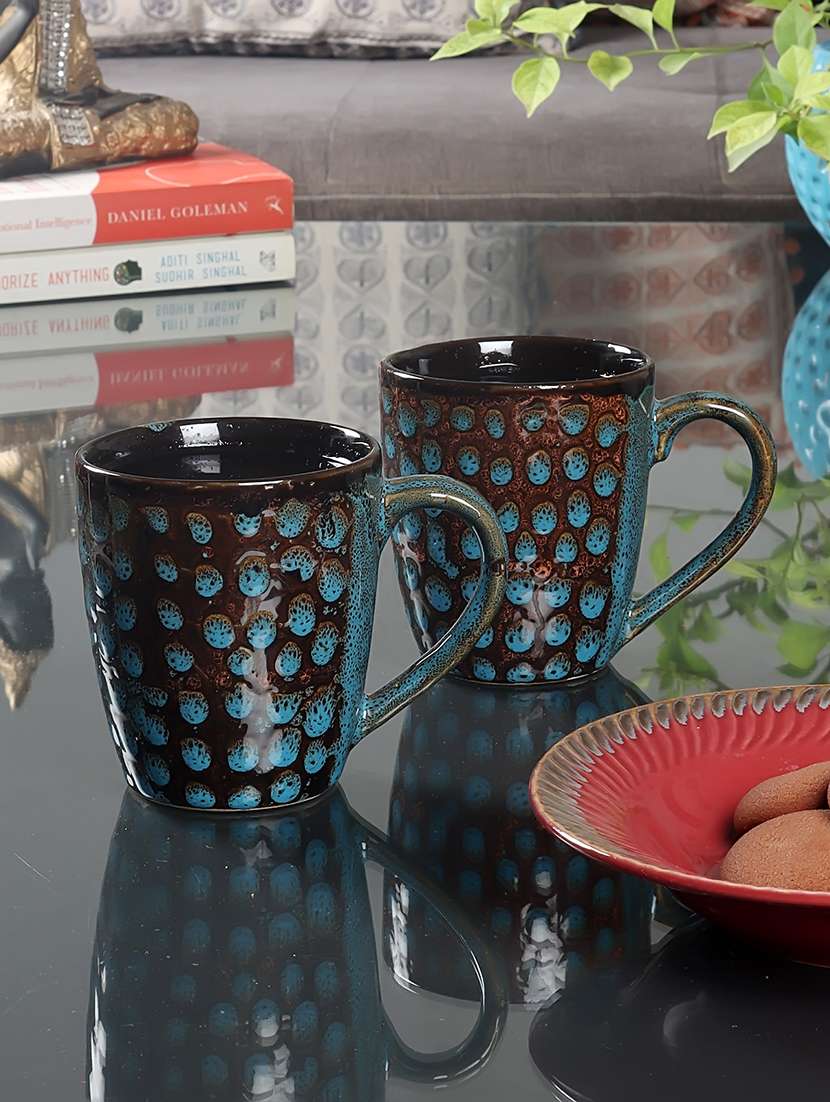 cdi blue & brown printed ceramic glossy mugs set of 6 mugs