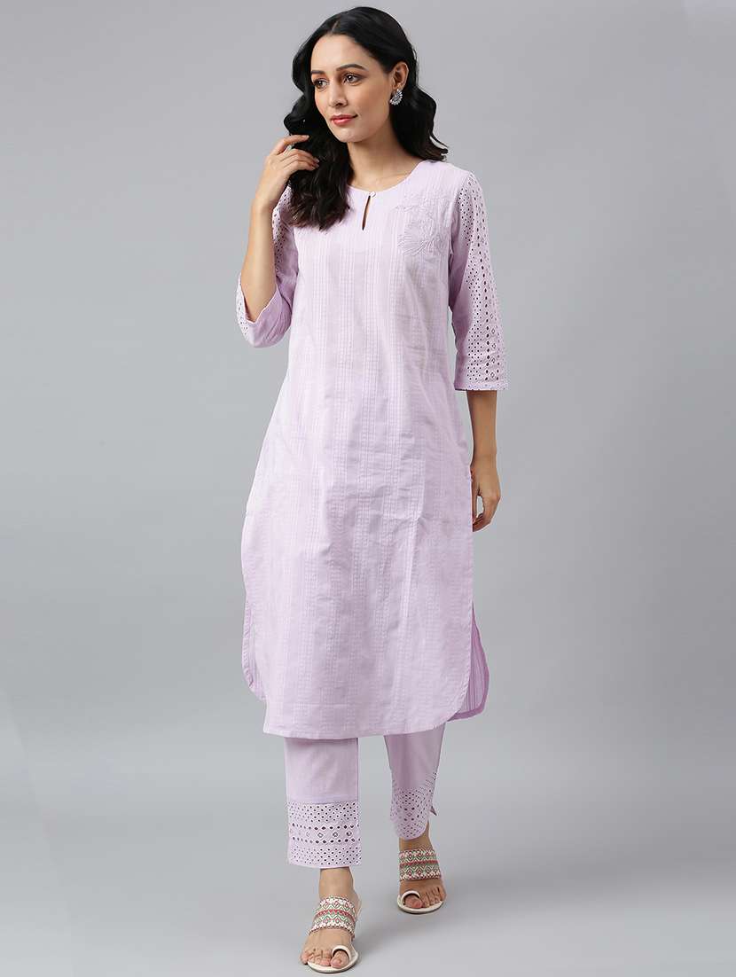 w women purple festive striped print cotton kurta with slim pant