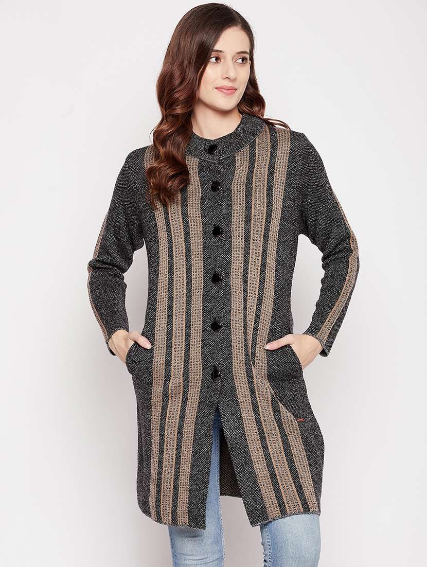 round neck striped long cardigan