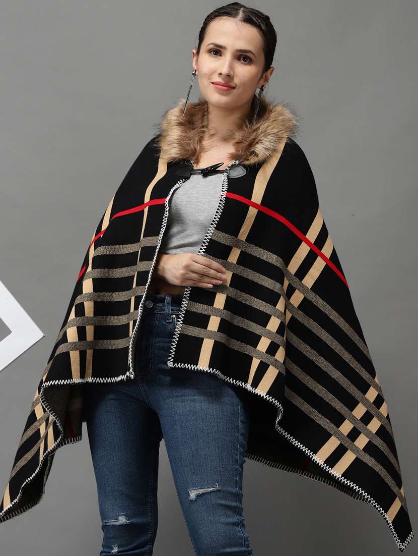 fur embellished checkered poncho