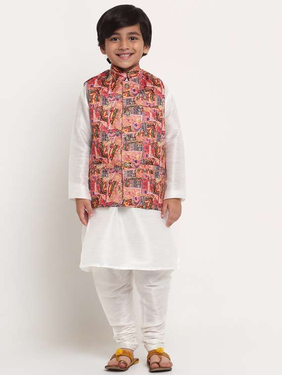 boys white solid kurta pajama set with printed jacket