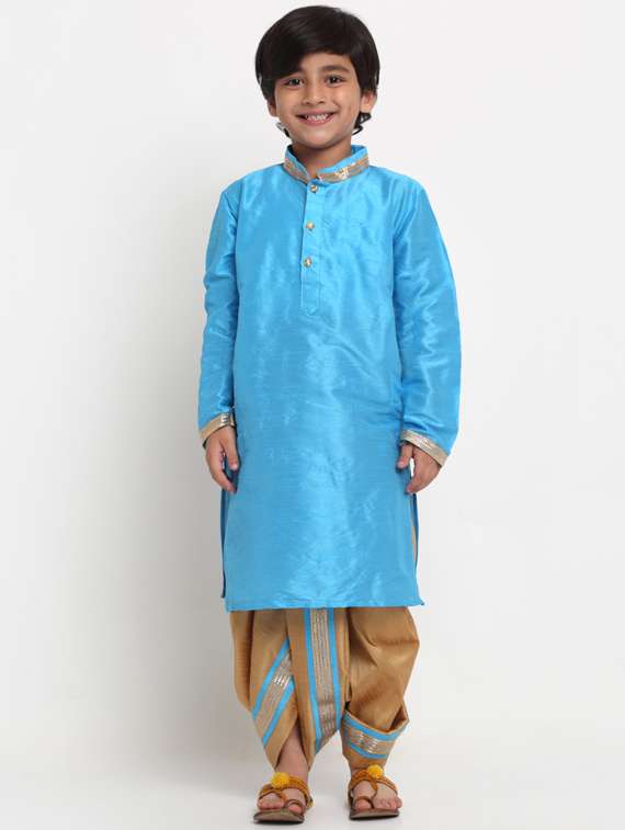 boys turquoise solid dhoti kurta set 