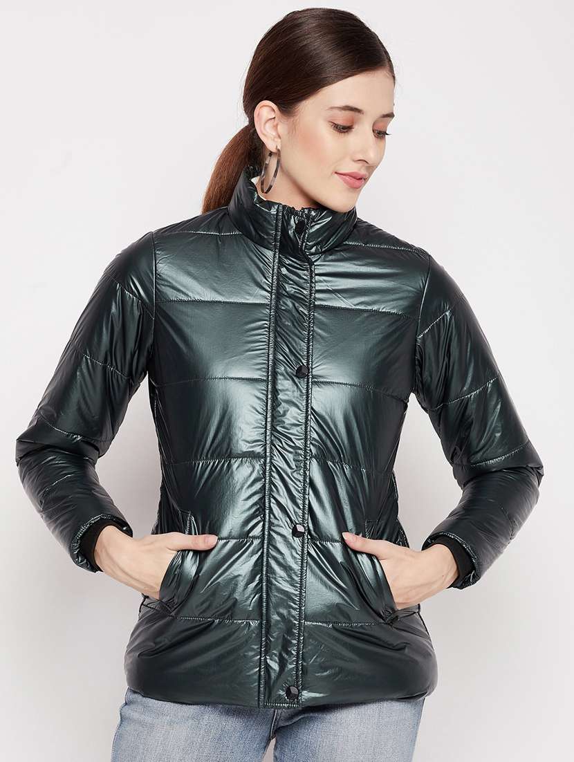 women solid long sleeve quilted jacket 