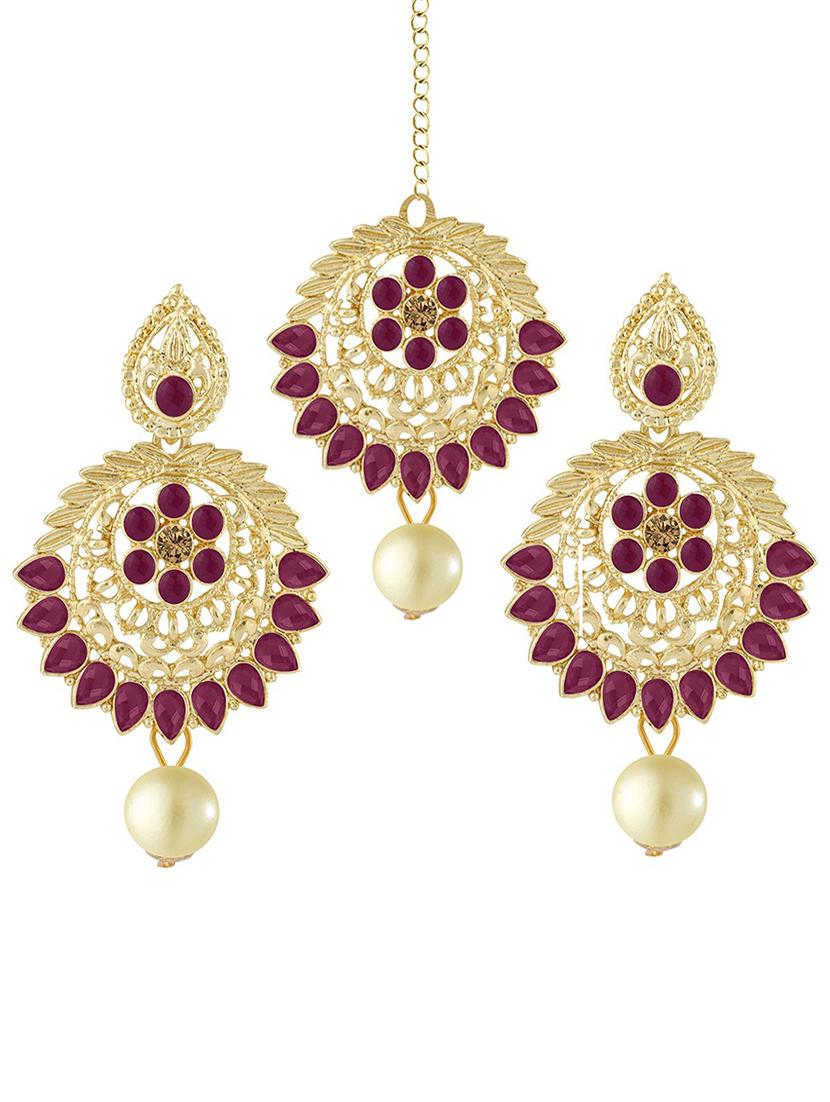 gold plated earring maang tikka set - 18566799 - Zoom Image - 0