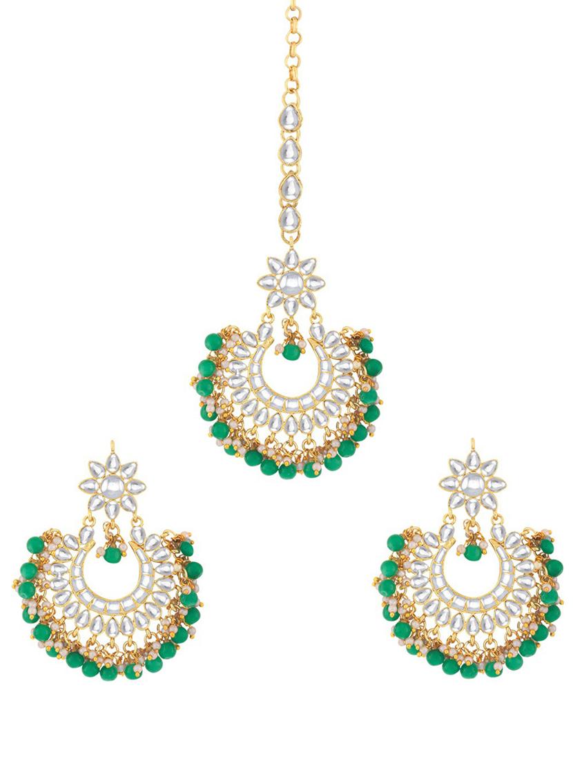 gold plated earring maang tikka set - 18566801 - Standard Image - 2