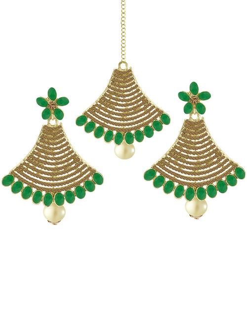 gold plated 1 maangtikka, 2 earring set - 18567643 - Standard Image - 0