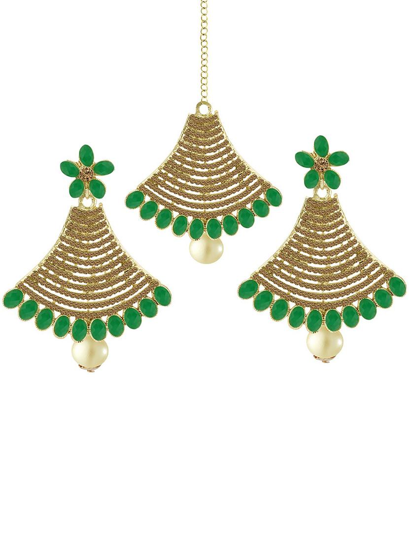 gold plated 1 maangtikka, 2 earring set - 18567643 - Zoom Image - 0