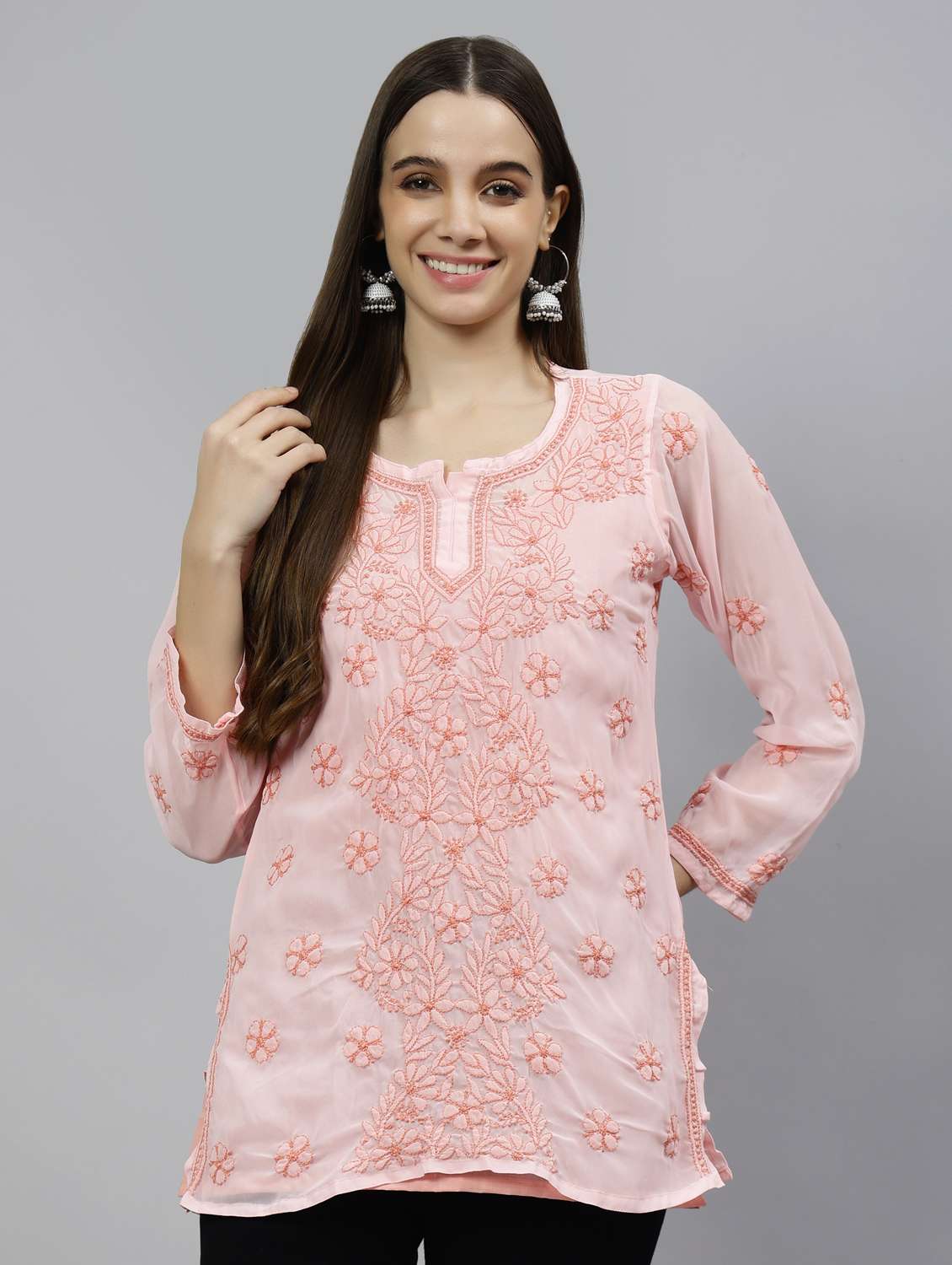 pink embroidered straight kurti 