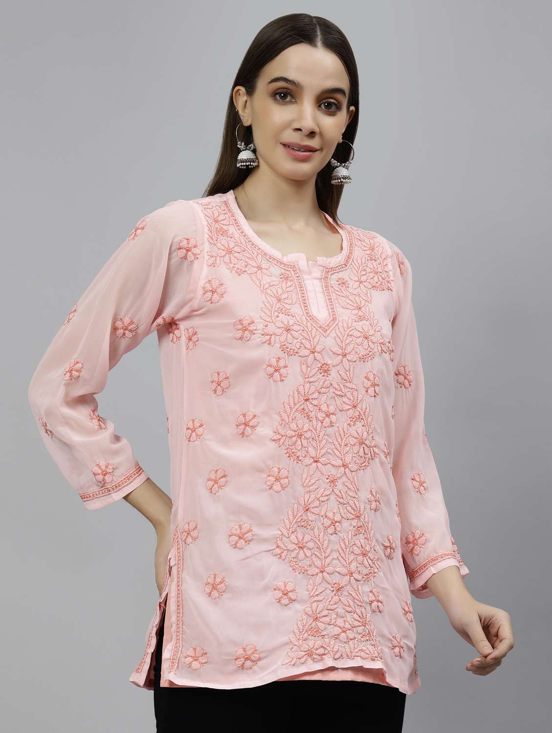 pink embroidered straight kurti - 18573341 - Standard Image - 2