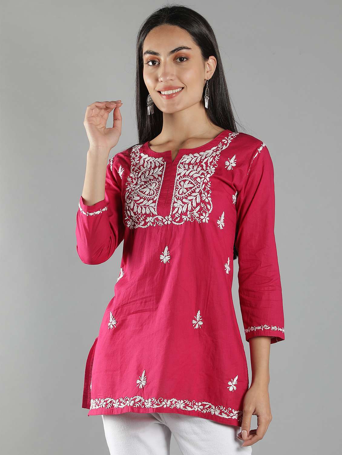 women chikankari embroidered short kurti