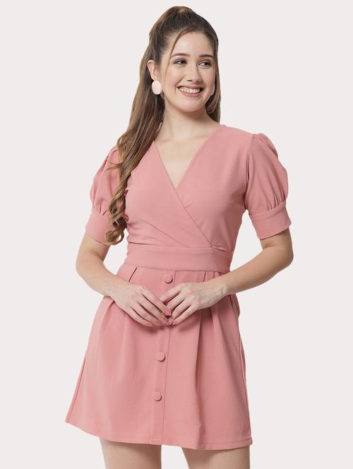puff sleeved solid fit & flare dress - 18575083 -  Standard Image - 0