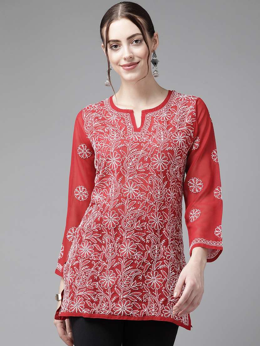 notch neck red chikankari straight kurti 