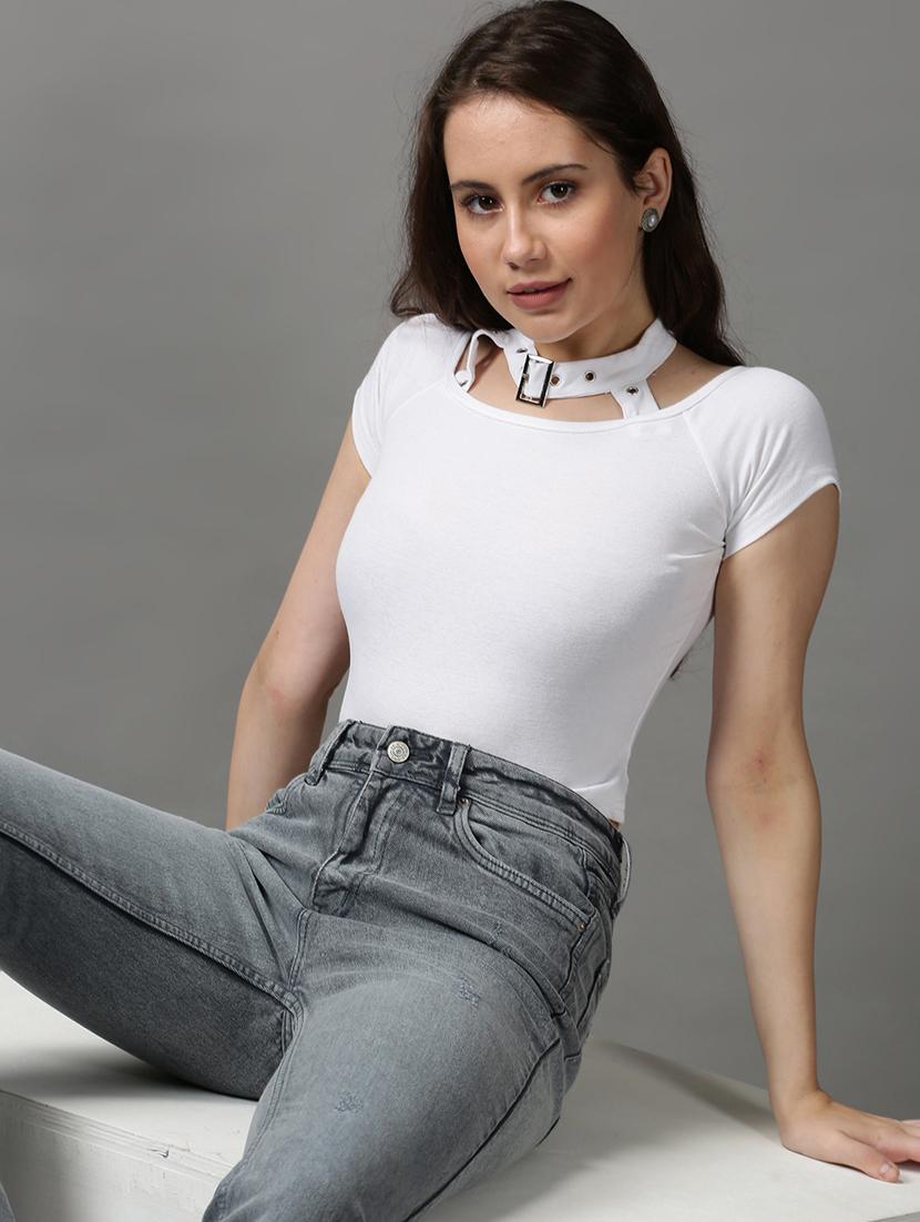 women's crop round neck top - 18589227 - Standard Image - 2