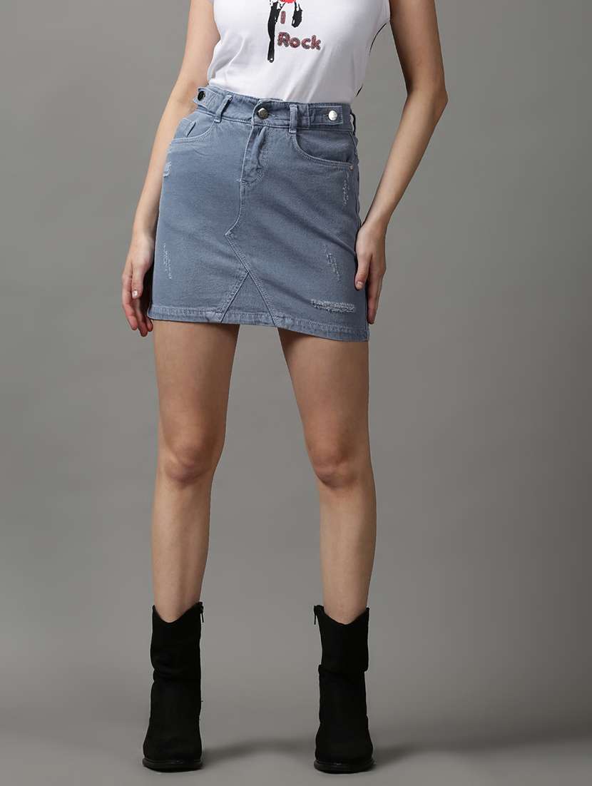 blue solid a-line skirt