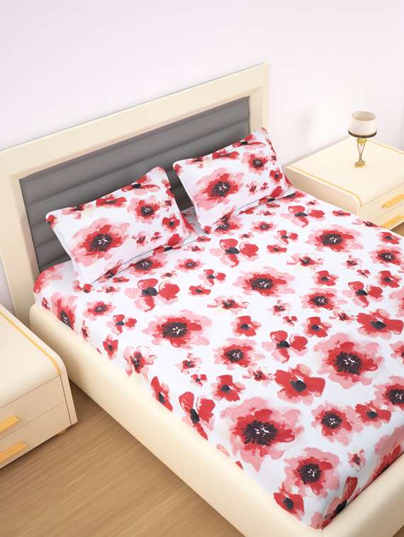 140 tc cotton flat bedsheet for double bed with 2 pillow covers|90x100 inch |design floral|color - white and orange|