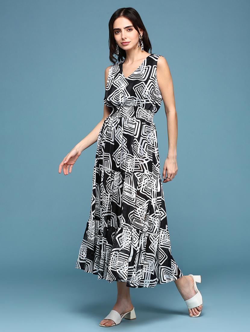 women's fit & flare geometric dress - 18590950 - Standard Image - 2