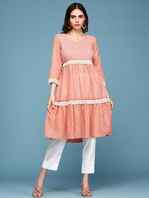 women three quarter sleeves schiffli detailed tiered kurta - 18590960 - Standard Image - 0