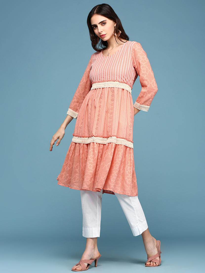 women three quarter sleeves schiffli detailed tiered kurta - 18590960 - Standard Image - 2
