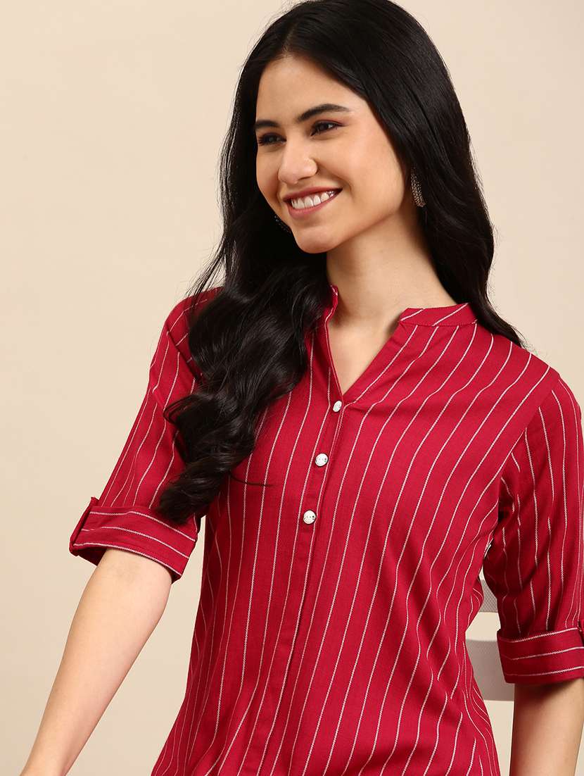 women stripes mandarin neck kurta pant set - 18591190 -  Standard Image - 2