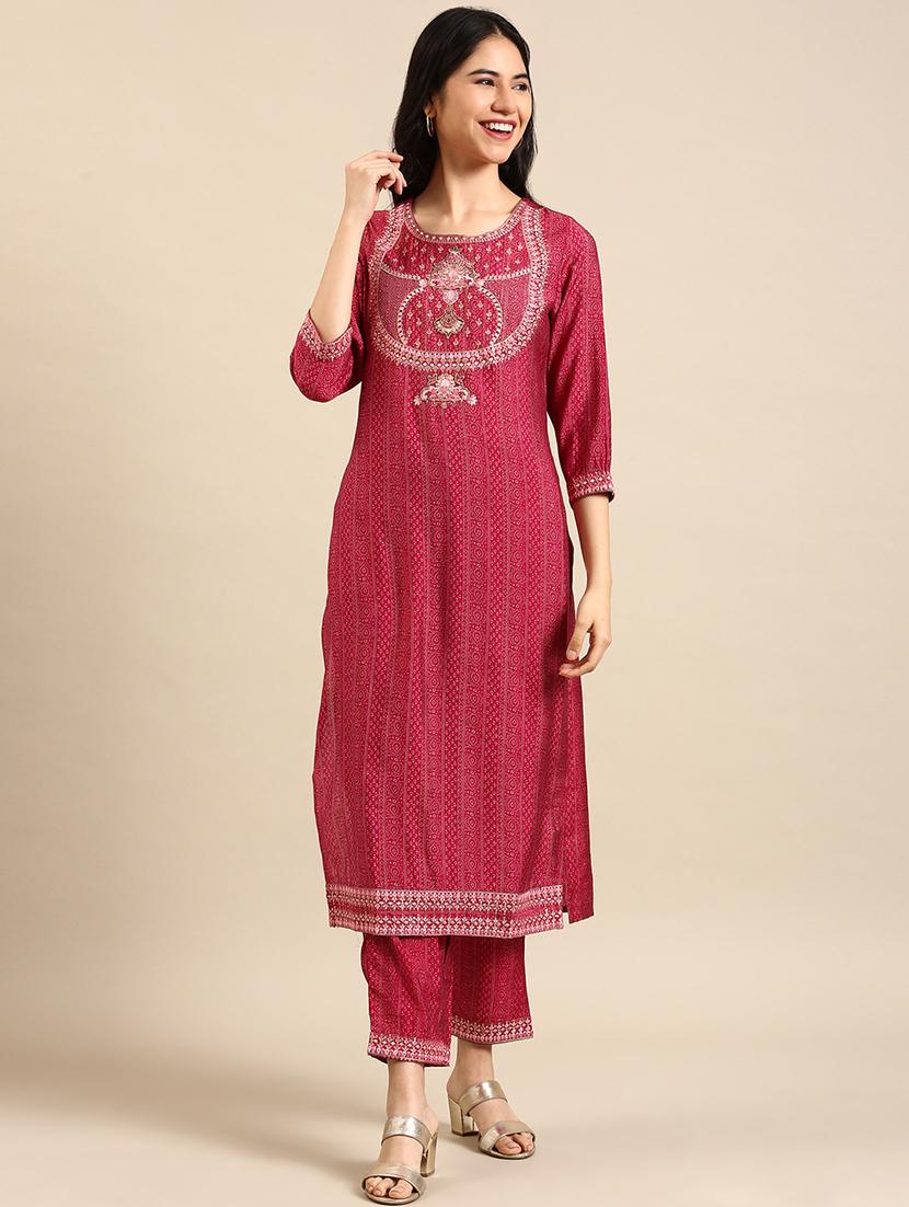 women pink printed round neck kurta pant set - 18591220 - Zoom Image - 0