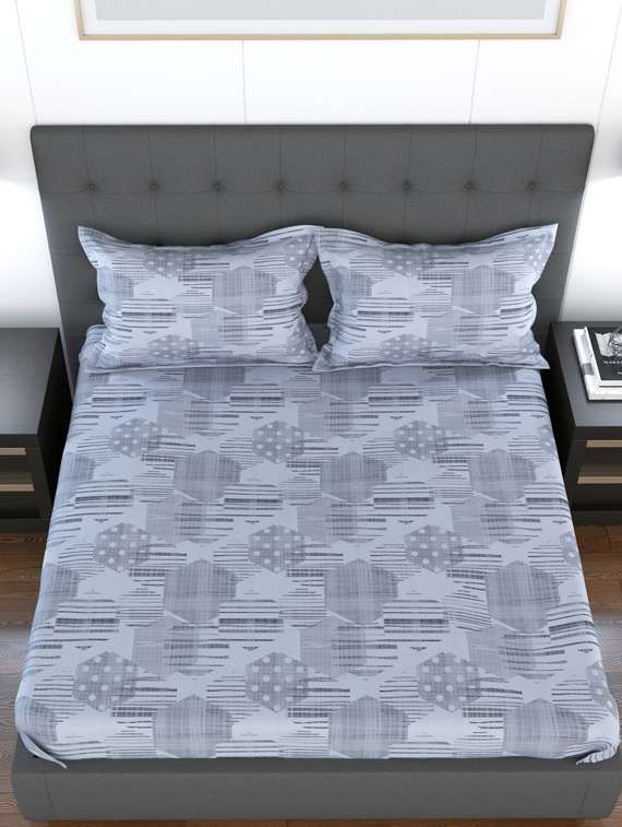 180 tc rich cotton flat bedsheet for king size bed with 2 pillow covers | 108x108 inch | design geometric | color - grey |