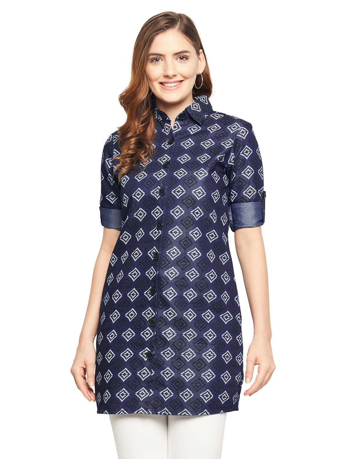 navy blue printed denim shirt 