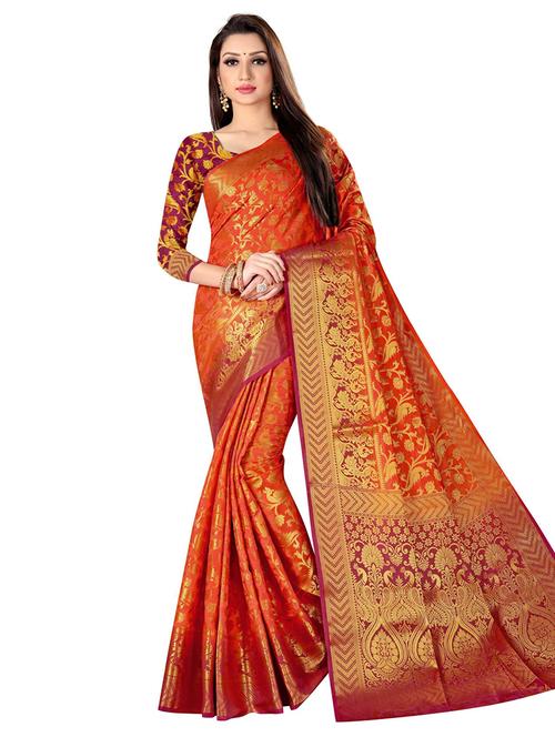 orange self design woven saree with blouse - 18601993 - Standard Image - 0