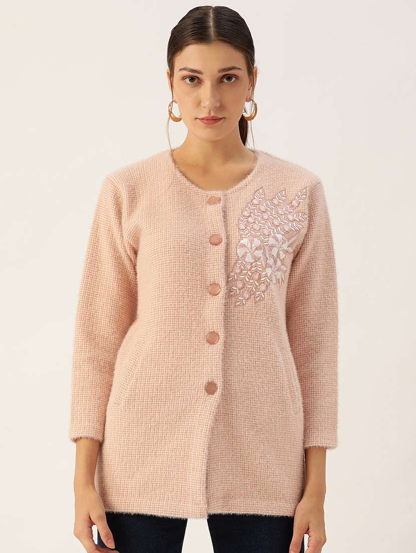 round neck embroidered wool cardigan