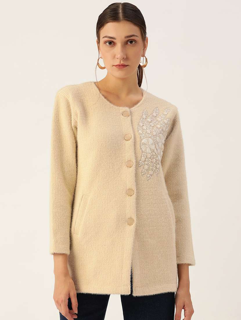 round neck embroidered wool cardigan