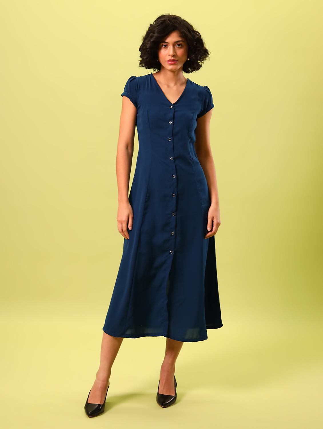 women blue solid v neck a-line dress - 18603774 - Zoom Image - 0