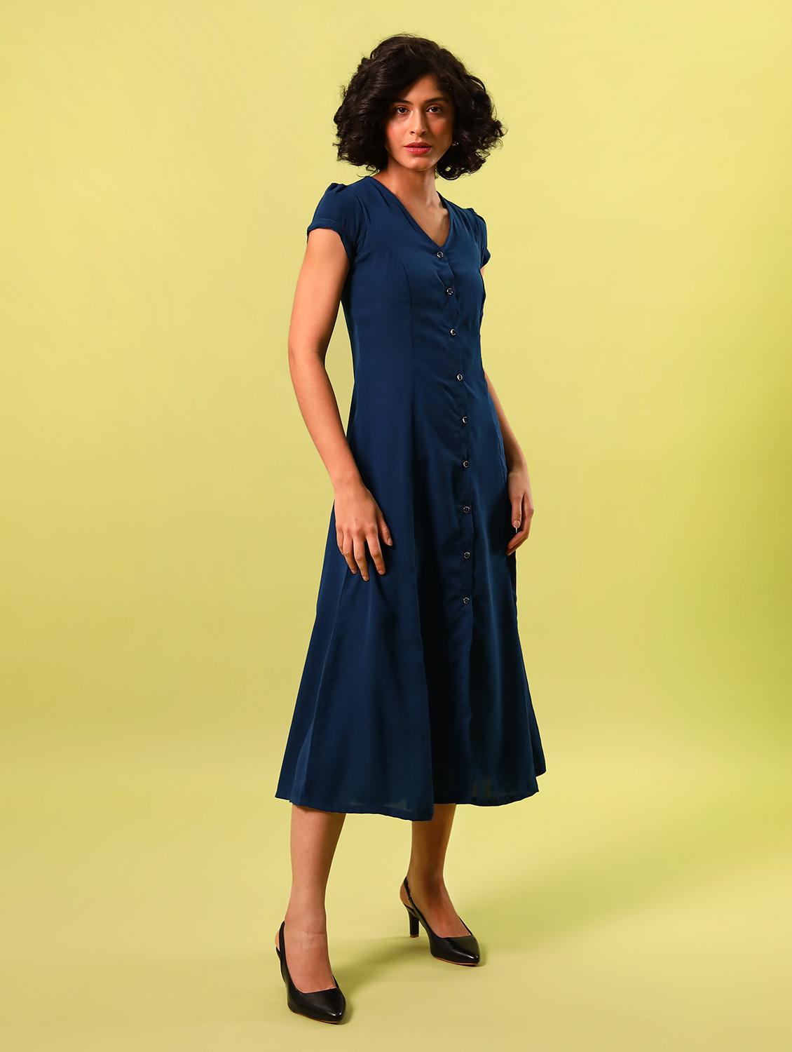 women blue solid v neck a-line dress - 18603774 - Standard Image - 2