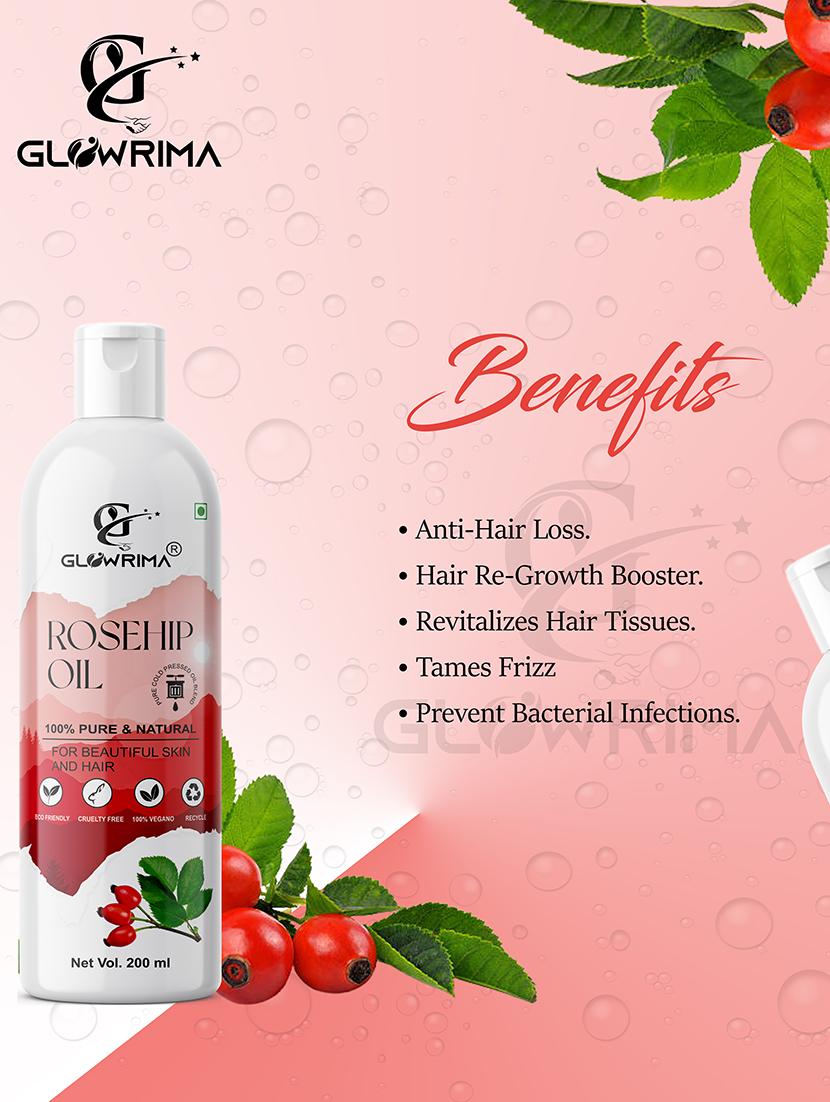 glowrima 100% pure & natural rosehip essential oil for face, hair & skin, reduces acne scars 200ml (pack of 1) - 18608063 - Standard Image - 2
