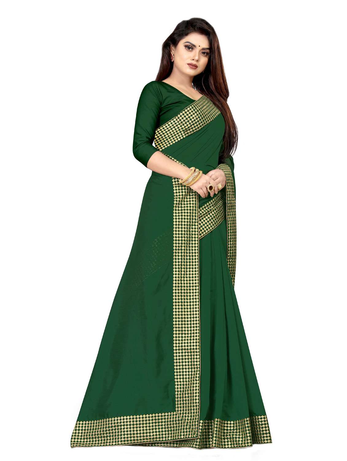 solid with bordered saree with blouse piece - 18613790 - Standard Image - 2