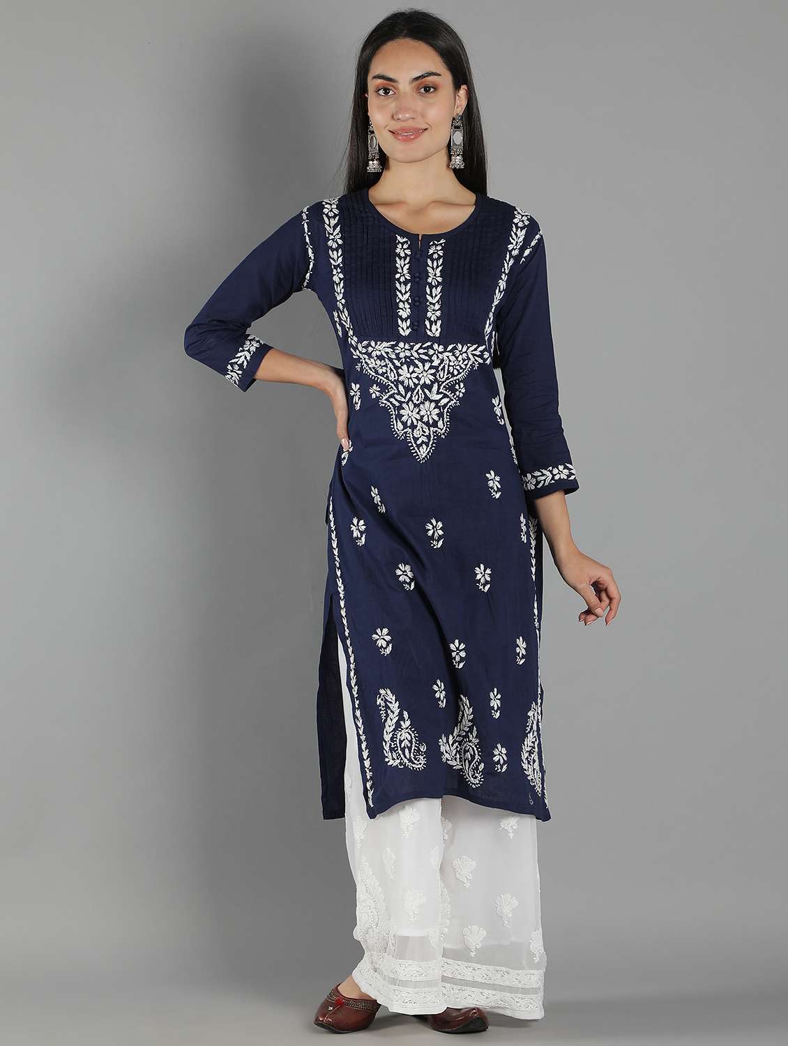 navy blue chikankari embroidered straight kurta - 18616425 - Zoom Image - 0